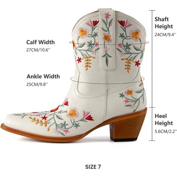 Women's Chunky Heel Ankle Snip Square Toe Flower Embroidered Western White Boot - Picture 6 of 8